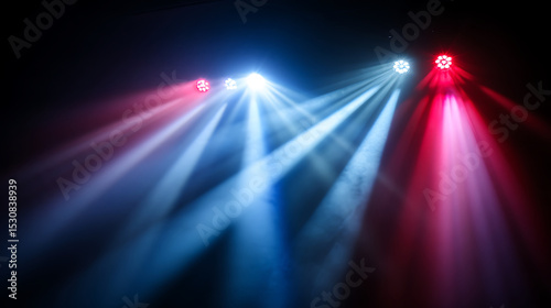 Dynamic concert light beams in abstract formation with vibrant color gradients and dramatic directional lighting on dark atmospheric background, artistic interpretation of chaos and energy.