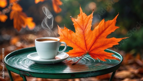 A coffee cup alongside a large autumn leaf.