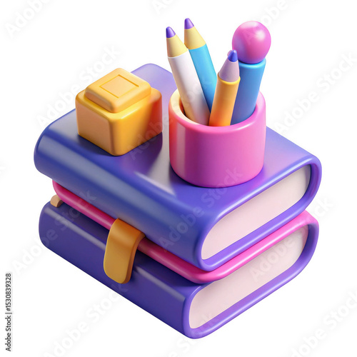 Colorful 3d rendered books and pencils isolated on transparent background