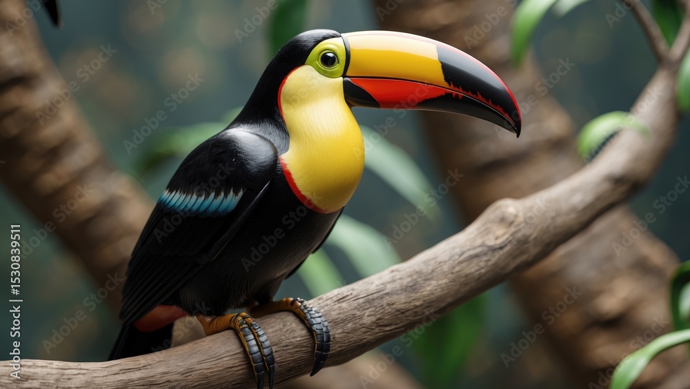 Naklejka premium A channel-billed toucan perches on a tree branch. Stunning exotic bird Ramphastos vitellinus.