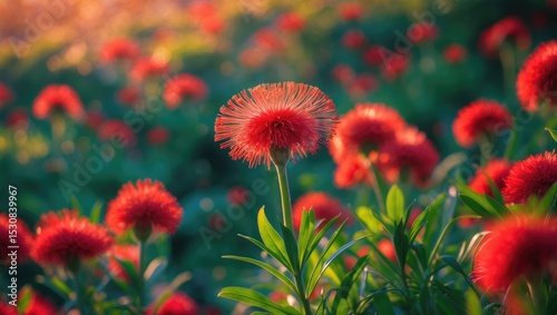 A closeup of a sunlit erect bottlebrush against a blurred background.