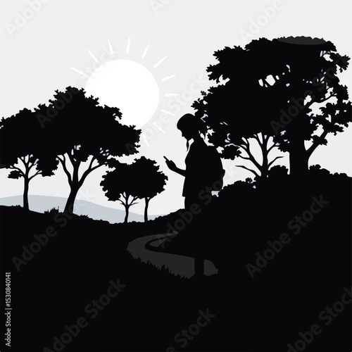 Peaceful and simple black and white vector silhouette of a person putting down their phone and walking into nature.  Trees and sun rays are in the background. The image is rendered in a modern flat