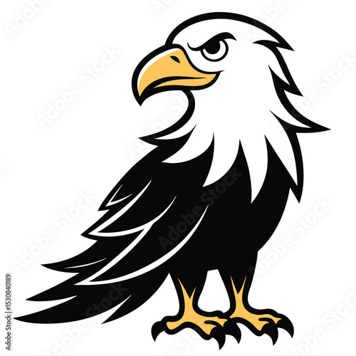 Majestic American eagle gazes sternly with bold black and white plumage and bright yellow beak