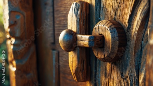 A finely designed wooden latch holds a rustic door securely. The latch showcases distinctive details and textures, emphasizing handcrafted woodworking.