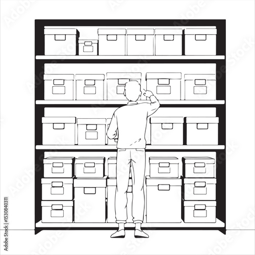 Timeless and elegant black and white flat vector illustration. A person organizes a shelf filled with labeled storage boxes. Pastel background with subtle sparkles and clean lines in a simple