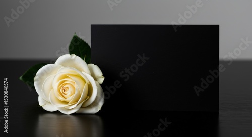 A white rose with green leaves lies next to a black card on a dark surface