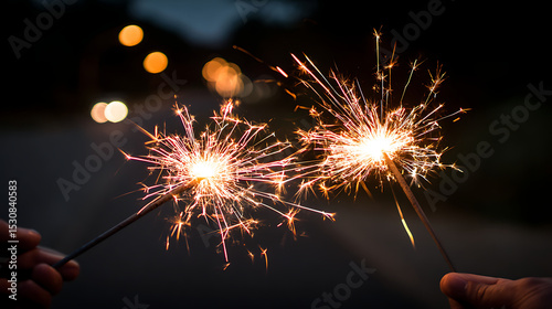Close-up of sparkling red white and blue sparklers with golden embers against softly blurred night sky featuring star-shaped bokeh lights and warm festive glow for Independence Day celebrations.
