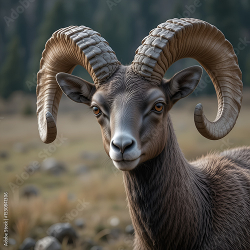 Closeup shot of a black argali in a farmland