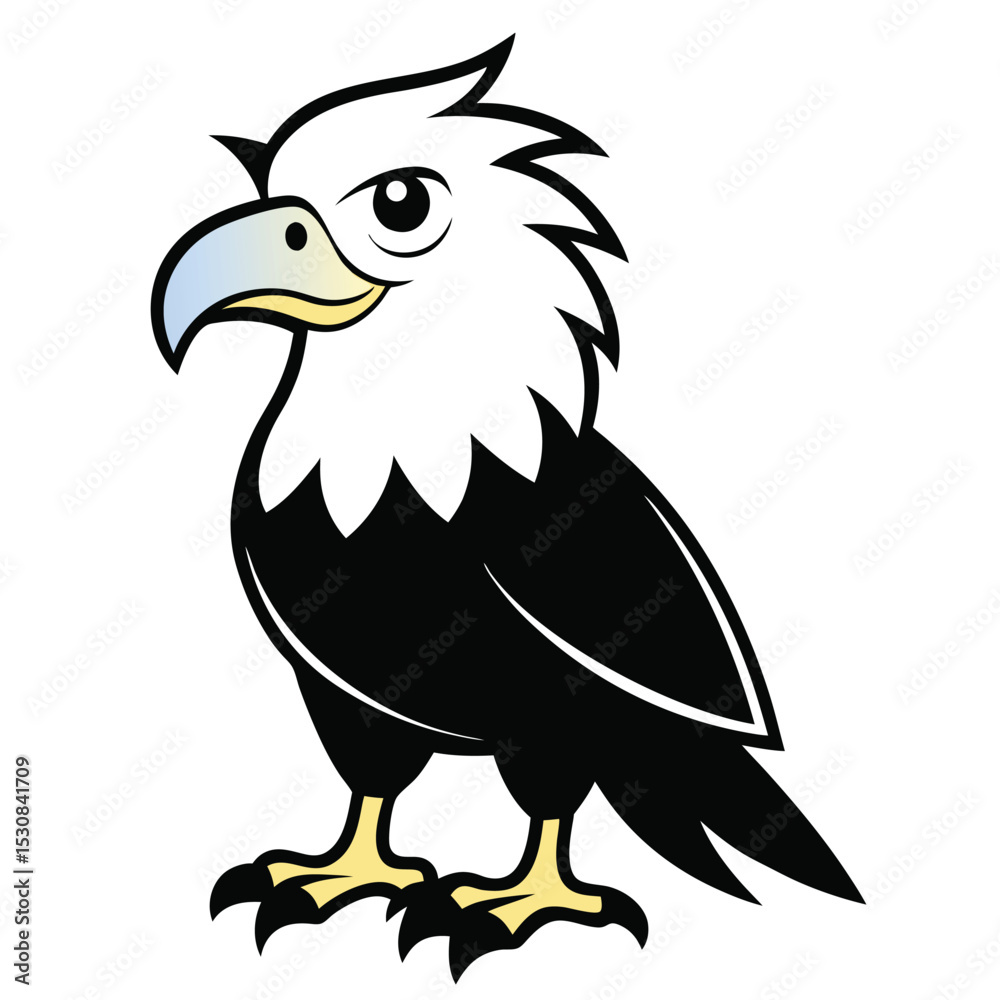 Obraz premium Cartoon bald eagle stands with striking black and white plumage for wildlife