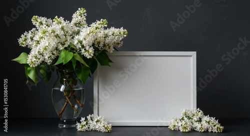 White lilac bouquet in a glass vase with a blank frame on a dark background