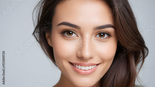 Portrait of young attractive smiling brown-eyed woman with naturally glowing skin