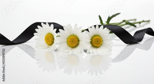 Three daisies with a black ribbon isolated on white background symbolize mourning