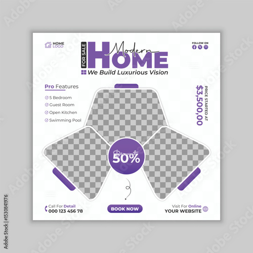 Real estate and interior social media post layout with purple.	