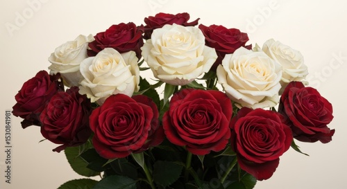 A beautiful bouquet of red and white roses in full bloom creates an elegant and romantic floral arrangement