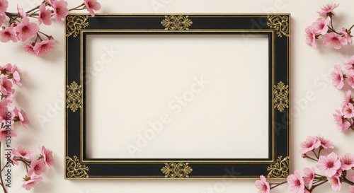 Black and gold ornate frame surrounded by pink cherry blossoms isolated on white background