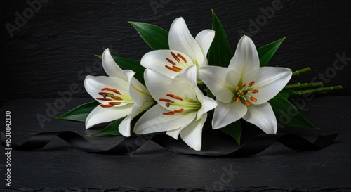 White lilies with a black ribbon lie on a dark background