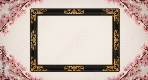 Ornate black and gold frame surrounded by pink cherry blossoms isolated on white background