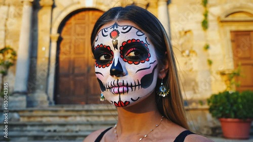 Woman with traditional Day of Dead face paint stands in warm sunlight by an old wooden door. Her colorful skull makeup symbolizes remembrance and honor for departed during Día de los Muertos	