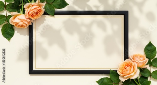 Peach roses with green leaves frame a blank space with soft shadows