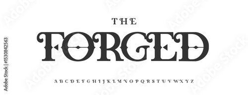 Forged alphabet, ornate knightly serif letters, vintage knightly font for heritage logo, headline and monogram. Chivalric flair typographic design, crafted identity graphic. Vector typeset.