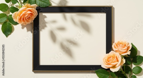 Peach roses and green leaves decorate a black frame with leaf shadows on a beige background