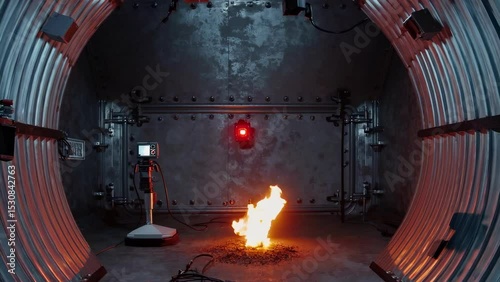 Industrial Tunnel with Robot and Flames in Dim Light                                                 