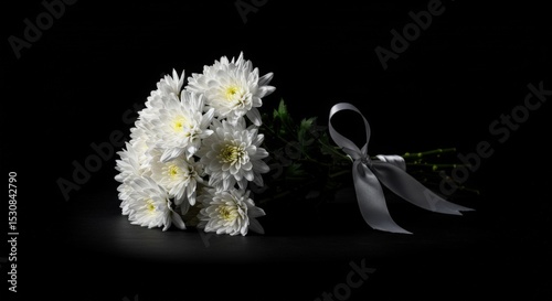 White chrysanthemum bouquet with a silver ribbon lies on a black background