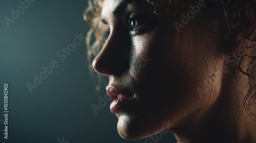 Cinematic close up of a determined female athlete with sweat glistening on her face, capturing the intense focus and anticipation of a sportswoman moments before a competition