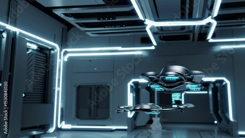 Futuristic Drone in Neon-Lit Sci-Fi Environment with Advanced Technology                             