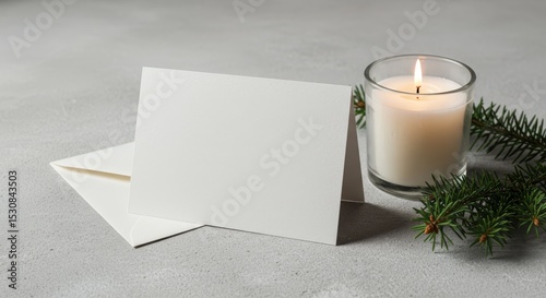 A blank greeting card and envelope are displayed with a candle and fir branch on a gray surface