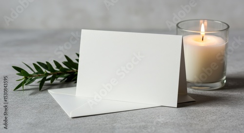 Blank white card and envelope with a candle and greenery on a gray surface