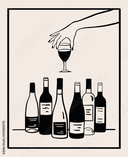 Minimal line art illustration of a hand picking up a wine glass above assorted wine bottles. Elegant monochrome vector design for bar, tasting, celebration, or drink-related themes