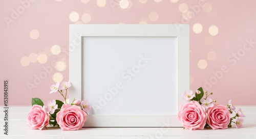 White frame decorated with pink roses and small white flowers on a pink background