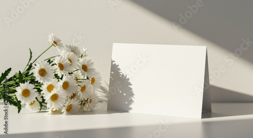 Bouquet of white daisies with a blank card isolated on white background