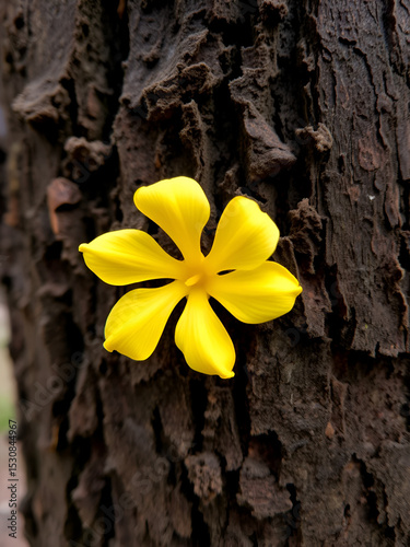 Closeup of Unique Yellow Flower on Tree Bark.
