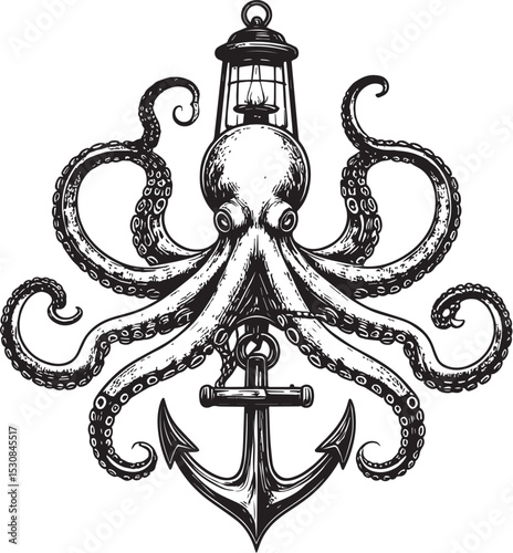 Nautical Octopus with Lantern and Anchor Engraving