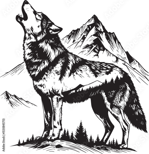 Hand Drawn Howling Wolf with Mountain and Forest Landscape
