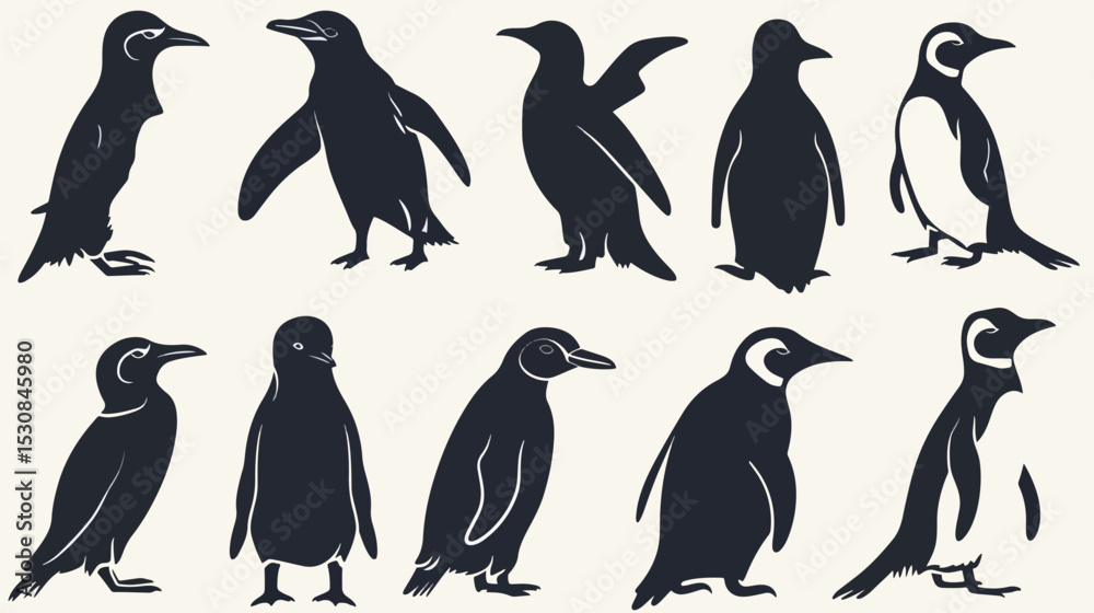 Naklejka premium penguin bird animal silhouette cartoon , black silhouettes isolated on white background
