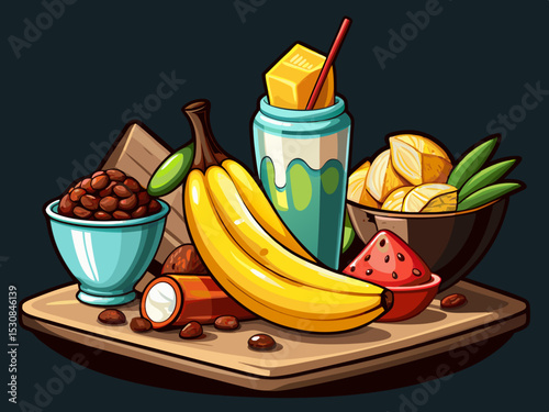 vector of Potion or dessert in a container with various nuts and ice cream and bananas in the potion placed on a wooden table on a dark background.
