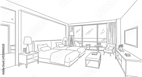 Hotel Room Interior Line Art - Hand Drawn Vector Sketch