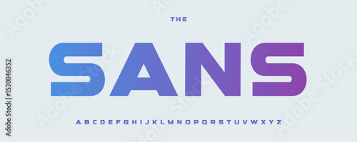 Modern bold sans serif alphabet, sleek gradient font, wide typeface for medical, tech, fintech, science logo and headline, digital UI typography, startup display typographic design. Vector typeset.