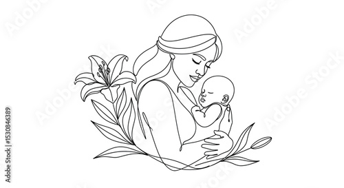 Mother and Baby with Flowers One Line Art - Continuous Line Drawing Vector