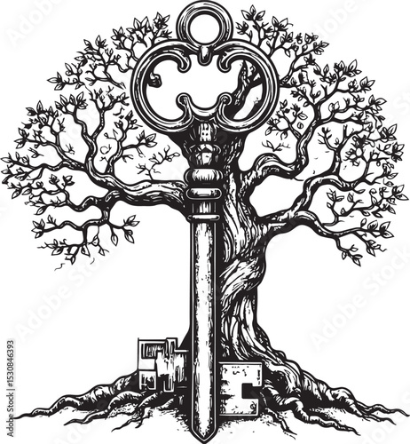 Key and Tree of Knowledge Engraving, Vintage