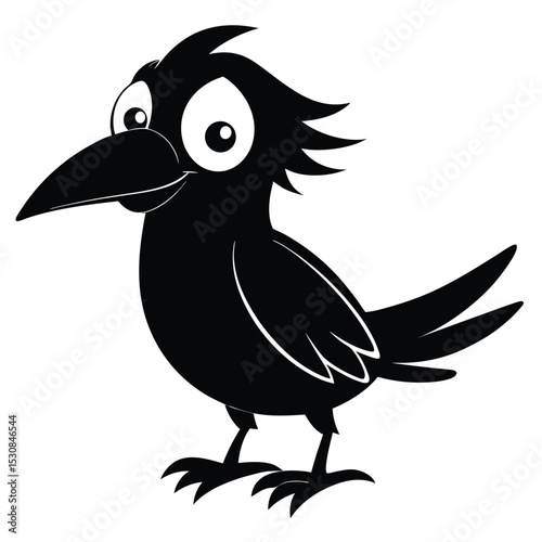 Cheerful cartoon crow stands poised with gleaming eyes against a plain backdrop elegantly