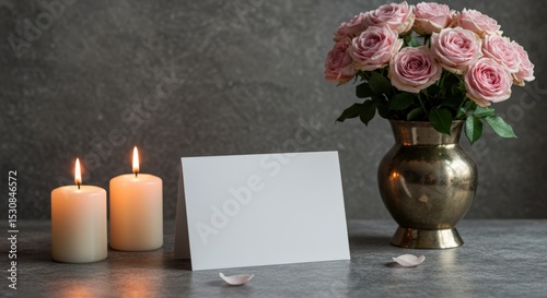 Pink roses in a vase with candles and a blank card create a romantic and peaceful scene