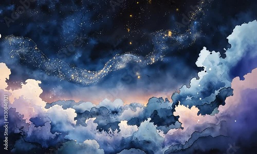 星座がまたたく幻想的な夜空のアート映像｜水彩風の雲と星々が広がるファンタジー背景