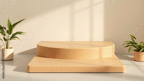 Elegant Beige Minimalist Product Display Platform with Indoor Plants and Sunlight Shadow