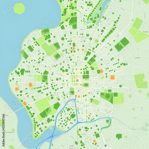 Green Space Map A flat map of a city highlighting areas where parks and greenery are minimal using distinct colors to show overdeveloped regions versus areas with potential for