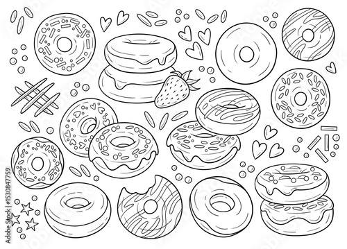 Donuts elements isolated clip art, black and white line art cute drawings, doughnut doodles detailed illustration, hand drawn stickers outline drawings, tattoo doodle illustration, sweets contours