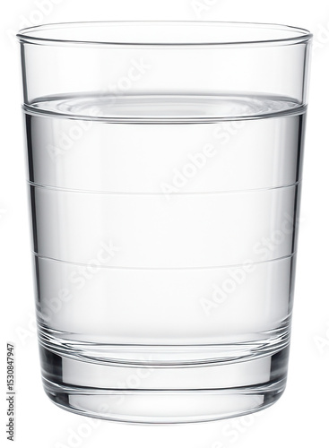 Clear glass of water with subtle reflections on transparent background.